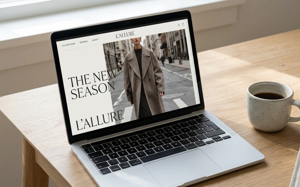 Editorial e-commerce website for the L'Allure fashion label shown on a laptop beside a coffee cup