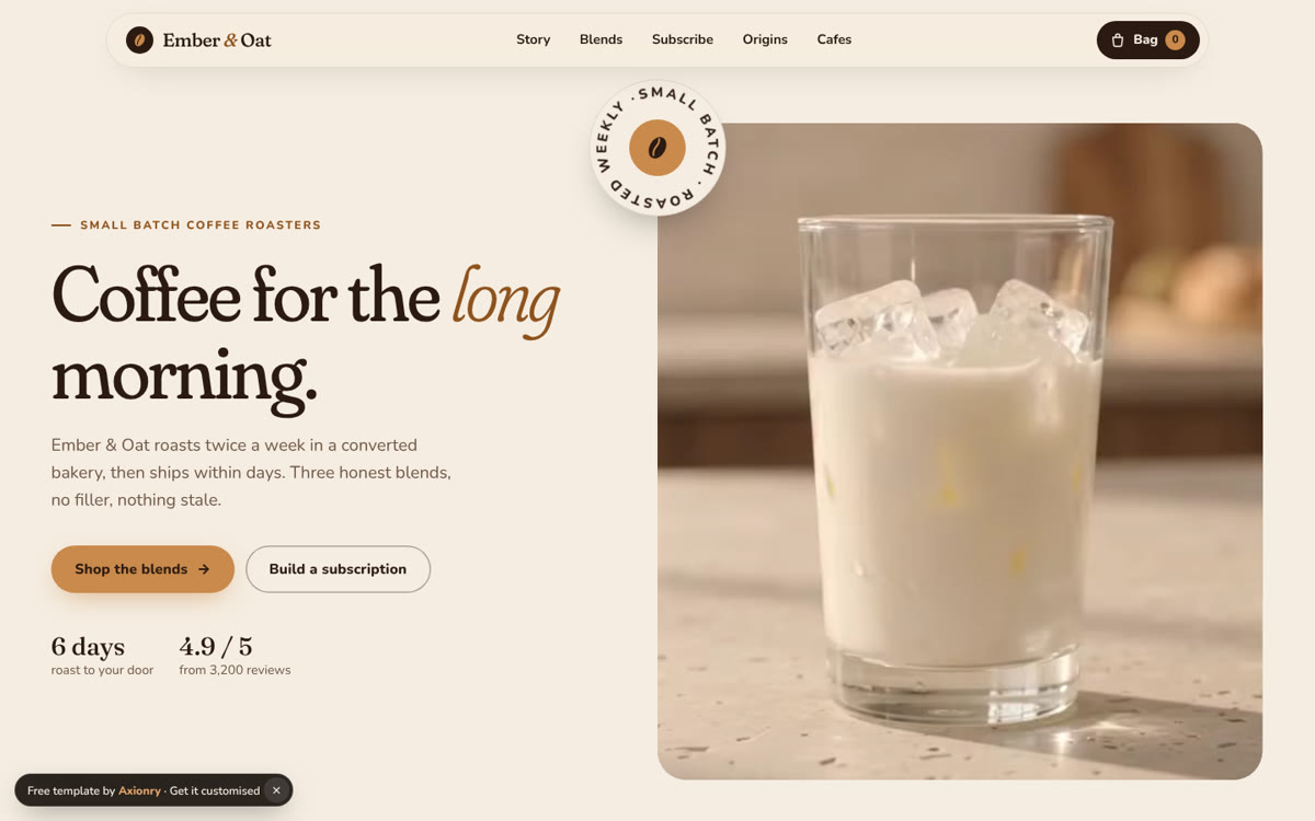 Ember & Oat, a free coffee brand and cafe template