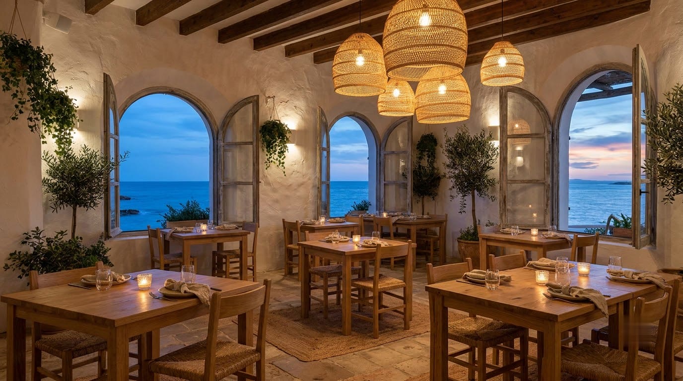 Whitewashed dining room with wooden tables, woven pendant lamps and tall arched windows open to the sea at dusk