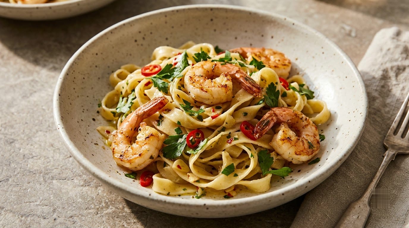 Prawn tagliatelle with chilli, cherry tomato and parsley in a speckled ceramic bowl