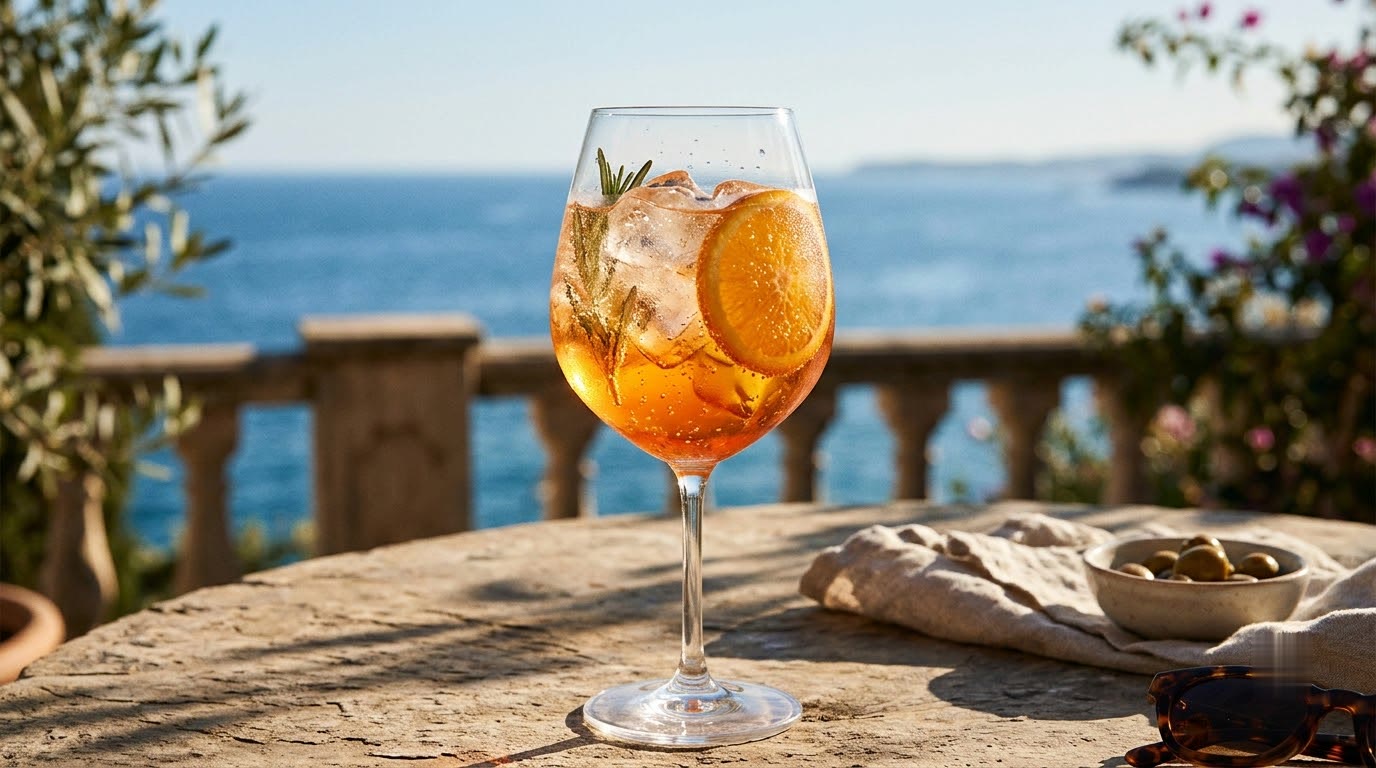 Orange spritz with ice, rosemary and an orange slice on a stone terrace table above the sea