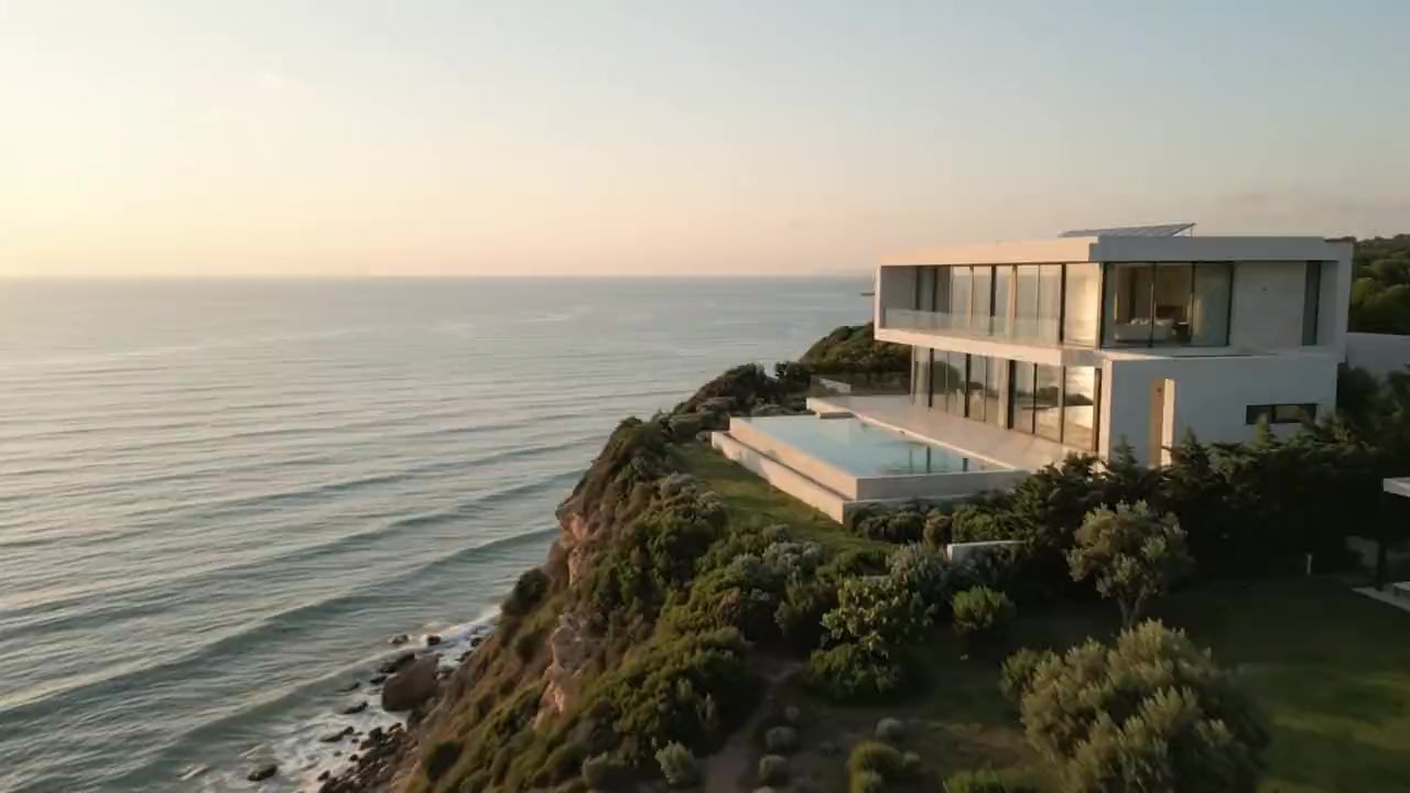 The villa seen from the air above the olive groves and cliff