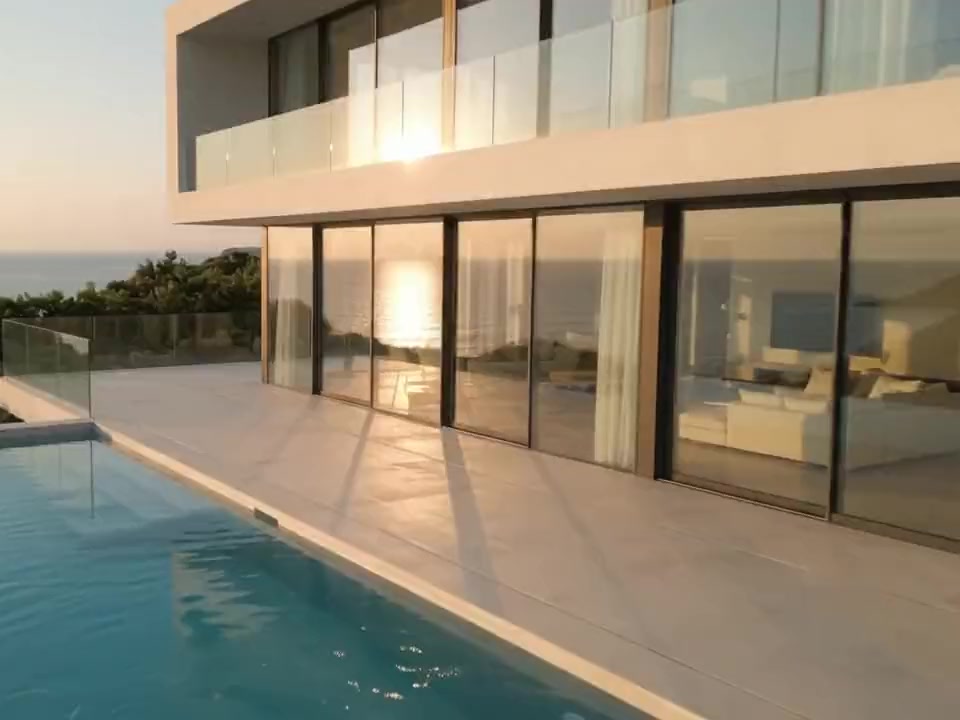 Sliding glass walls of the living pavilion reflecting the sunset above the pool