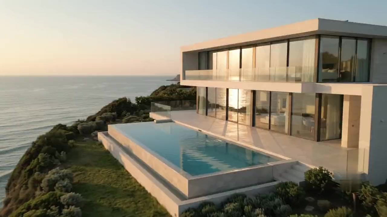 The infinity pool terrace in front of the two storey glass facade