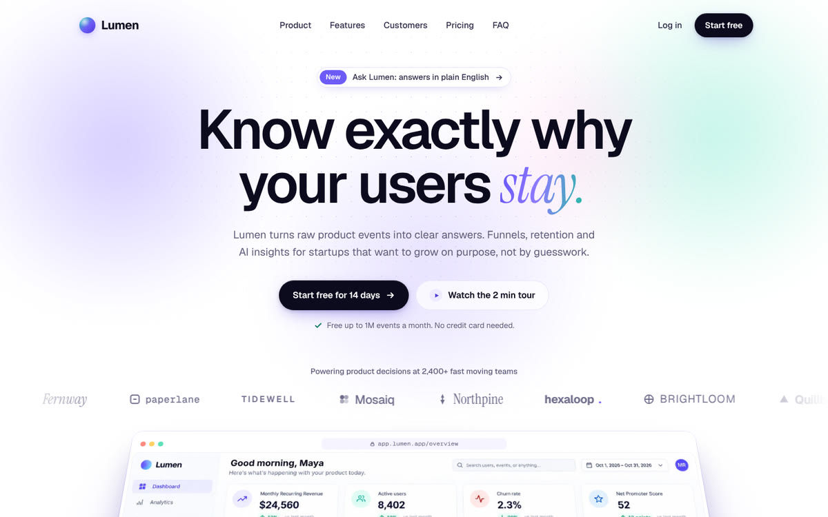 Lumen, a free saas landing page template