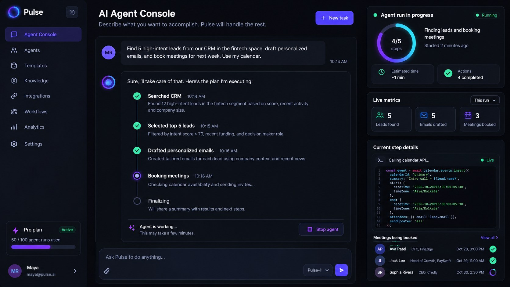 Pulse agent console showing a five step run that finds fintech leads, drafts emails and books meetings, with live metrics and the calendar API call in progress
