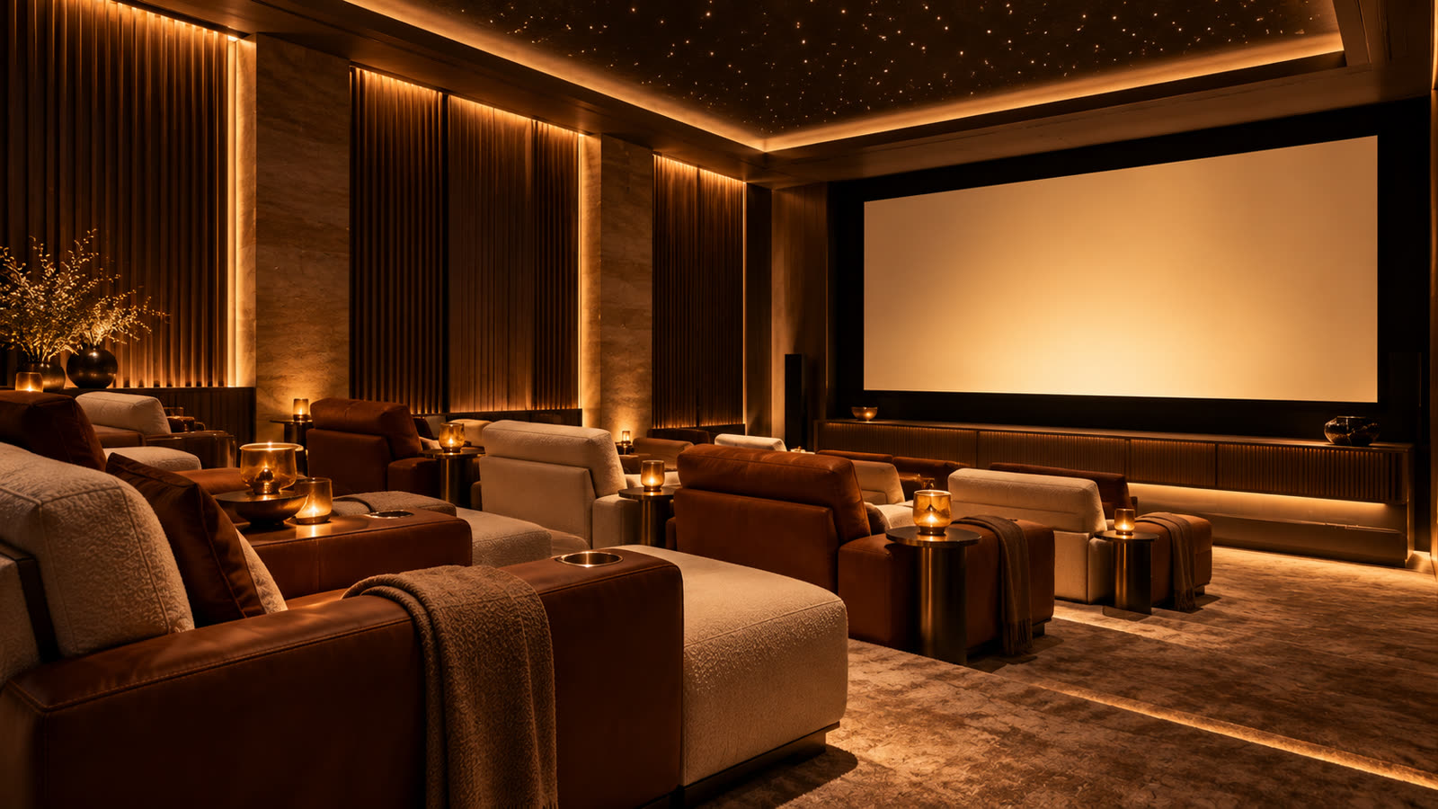 A private cinema with velvet seats and warm lighting