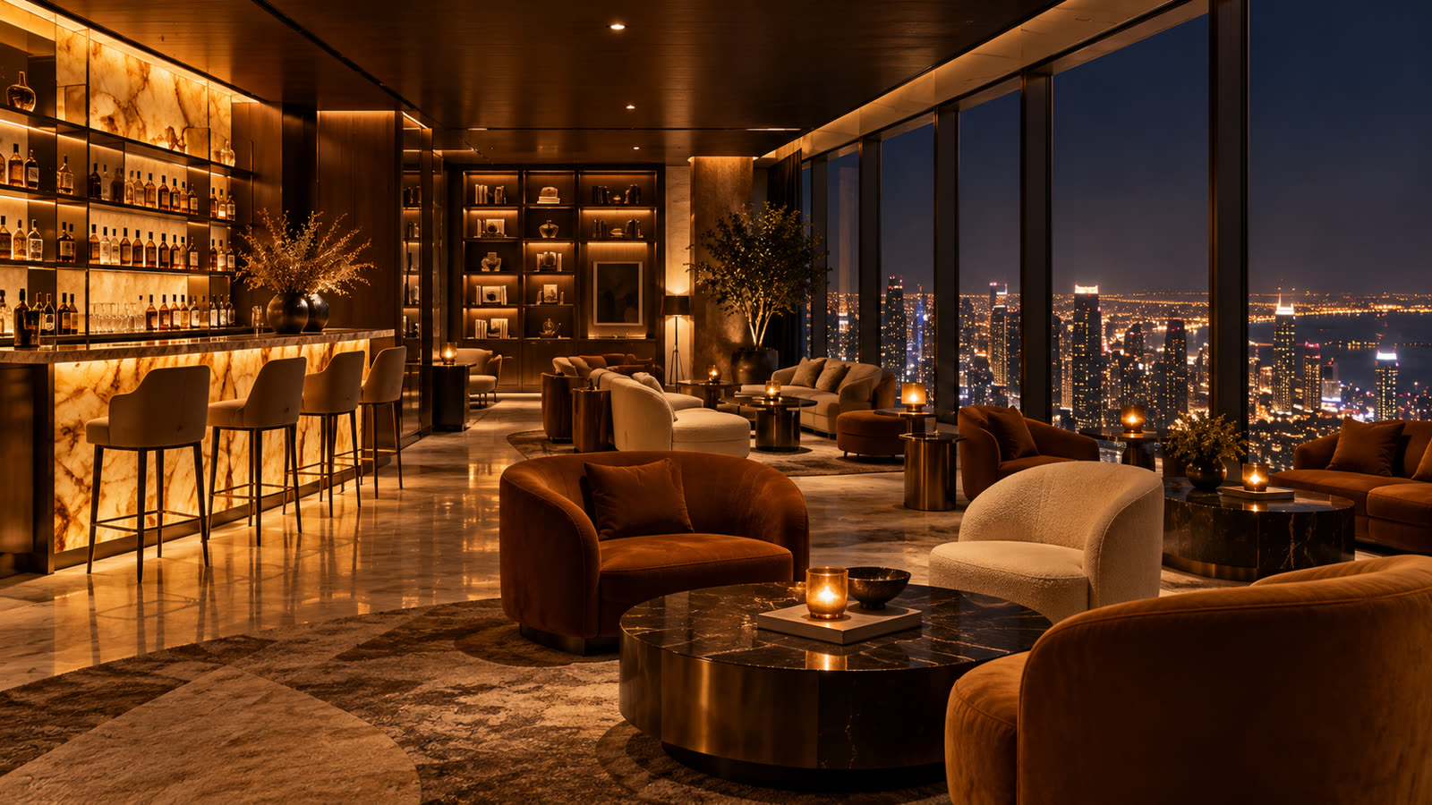 A low lit residents lounge and bar with bronze details