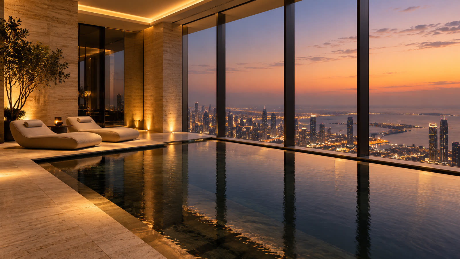 An indoor spa pool with travertine walls and a night view of the city