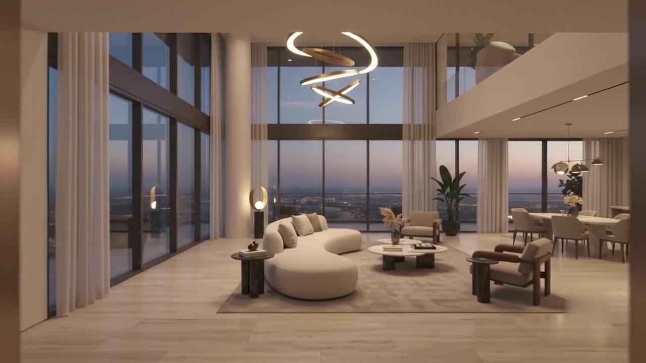 The penthouse living room at dusk with floor to ceiling windows