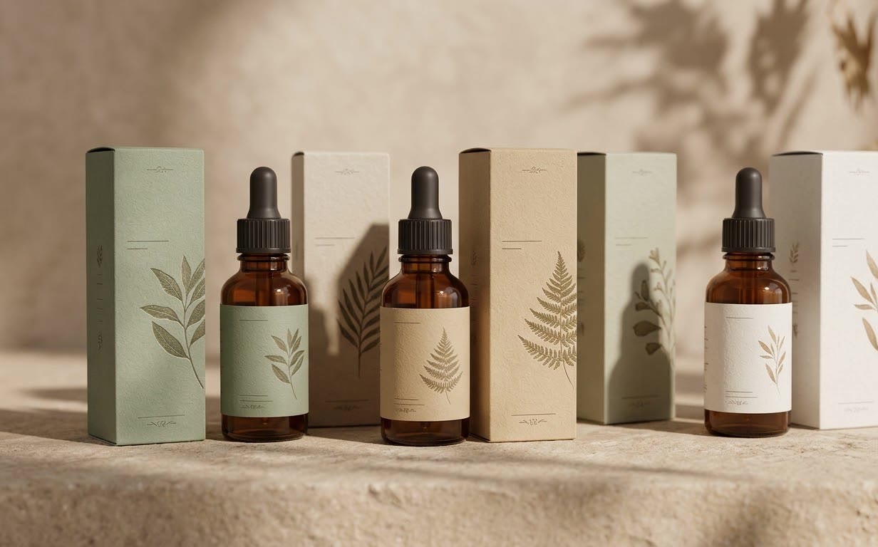 Botanical skincare packaging for Moss and Ember: sage, sand and white boxes beside amber dropper bottles