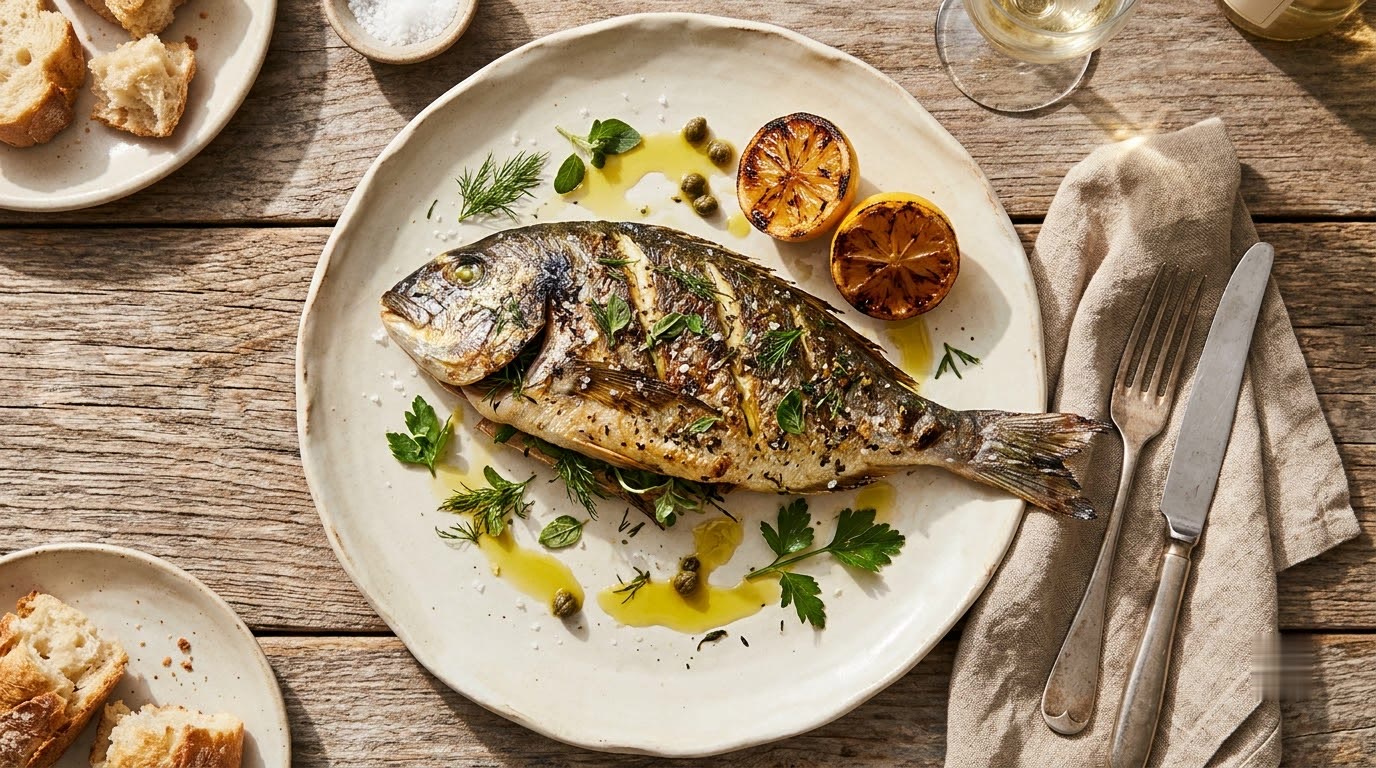 Whole grilled sea bream with charred lemons, capers and herbs on a ceramic plate, seen from above