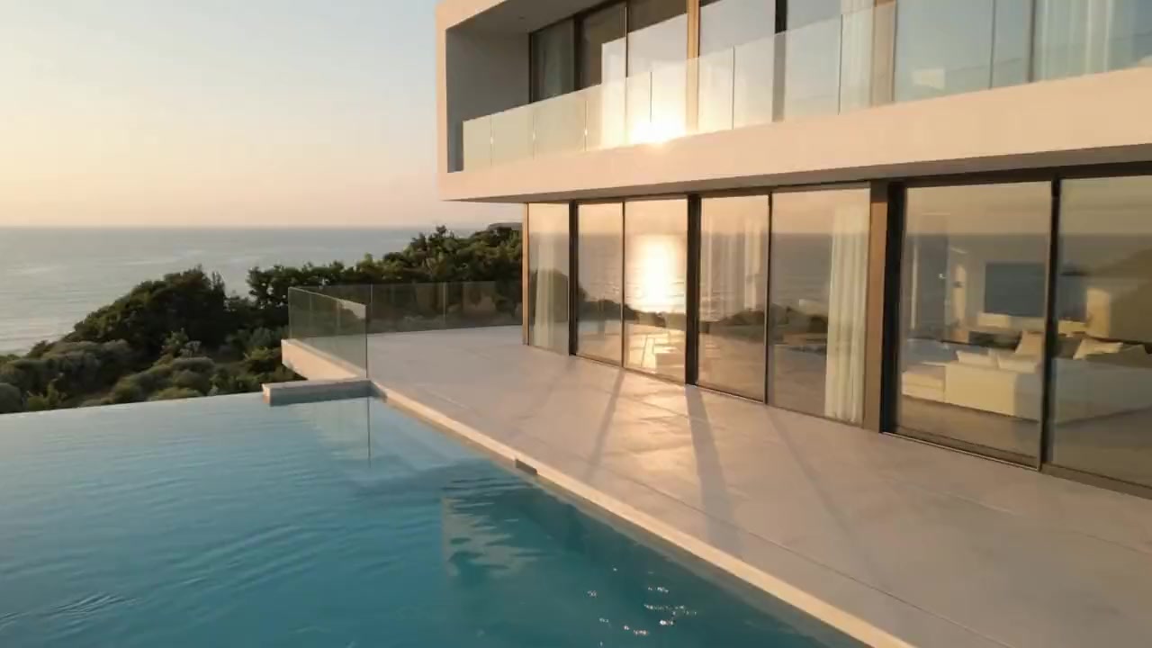 The pool terrace and glass facade of the villa at sunset